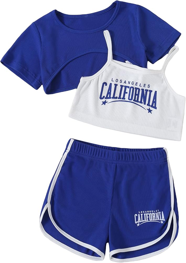 OYOANGLE Girl's Summer Outfit 3 Pieces Letter Print Cami Top and Crop Top Tee with Shorts Set Blue and White 6Y