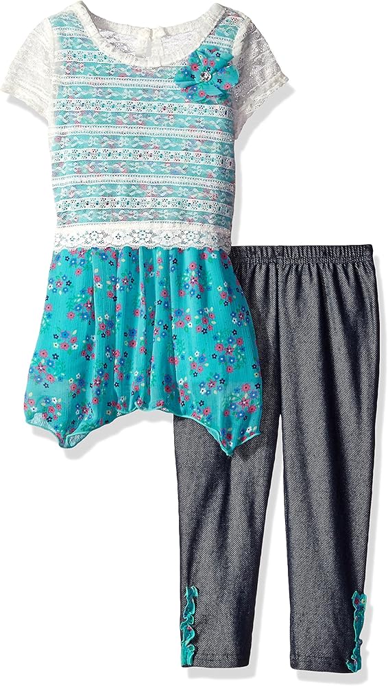 Nannette Girls' 2 Piece Popover Legging Set with A Printed Chiffon Hankerchief