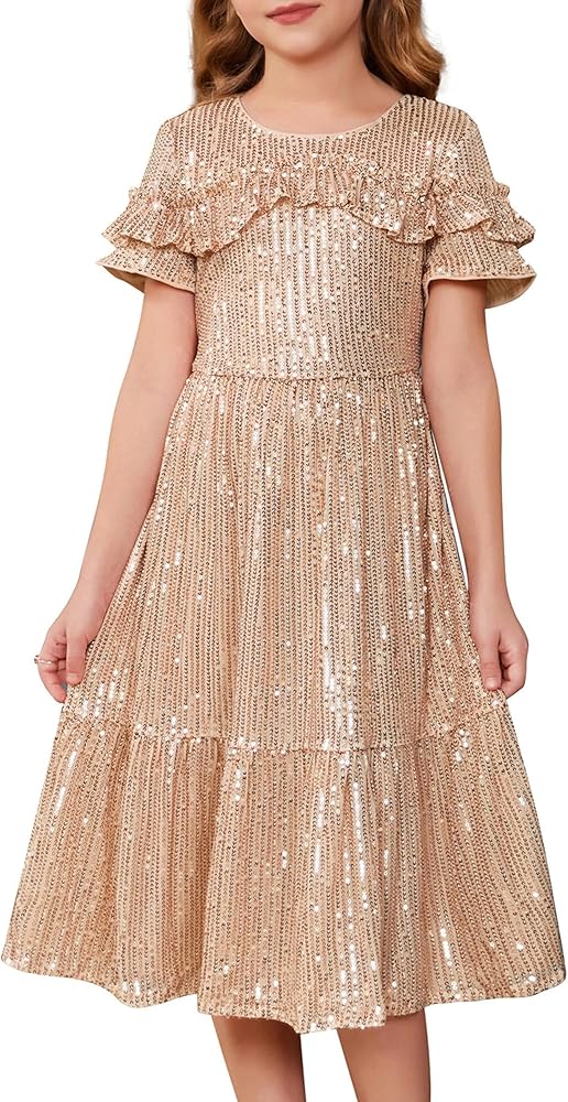 GRACE KARIN Girls Sequin Dress Short Sleeve Sparkle Birthday Party Prom Dress with Hair Bow 5-12Y