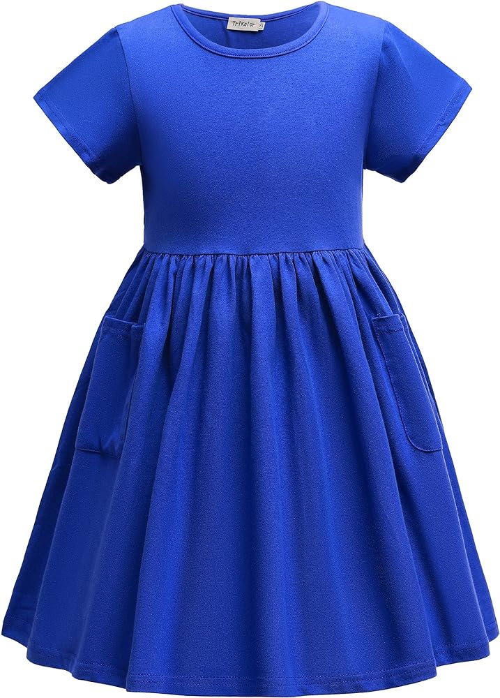 Girls Dresses Short Sleeve Solid Color Casual A-Line Pleated Dress with Pockets