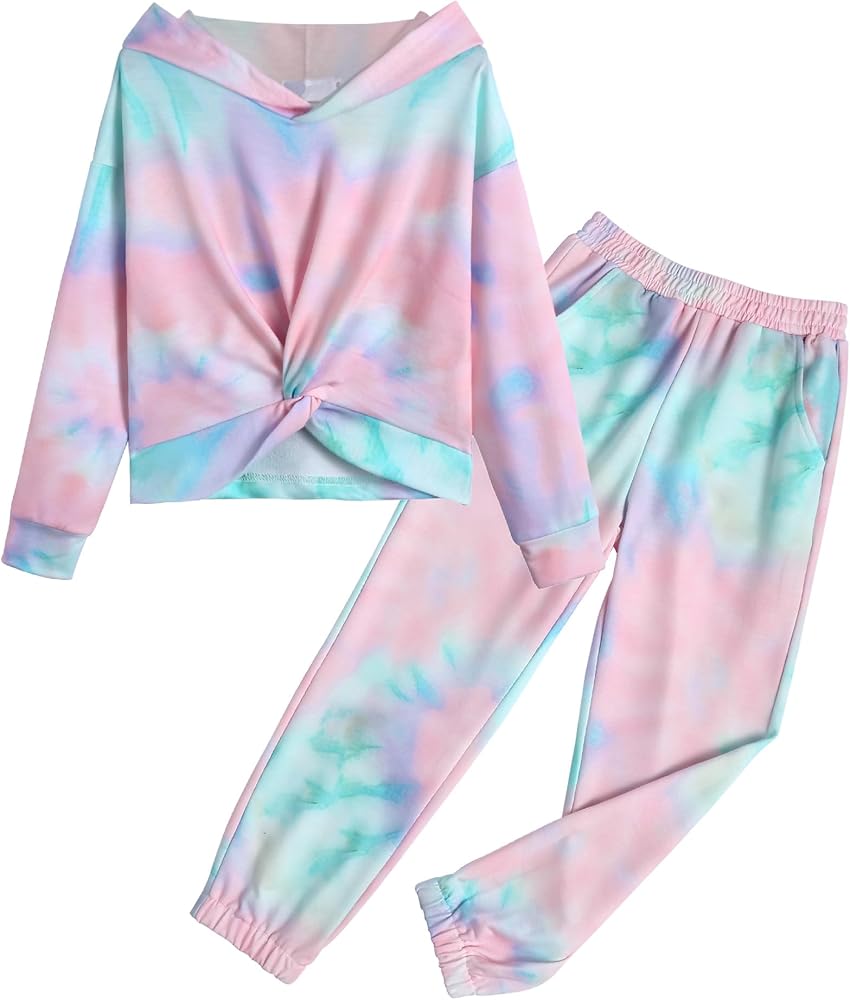 Arshiner Girl's 2 Piece Outfits Tie-dye Twist Front Pullover Hooded Sweatsuits Sweatshirt and Sweatpants Clothing Set