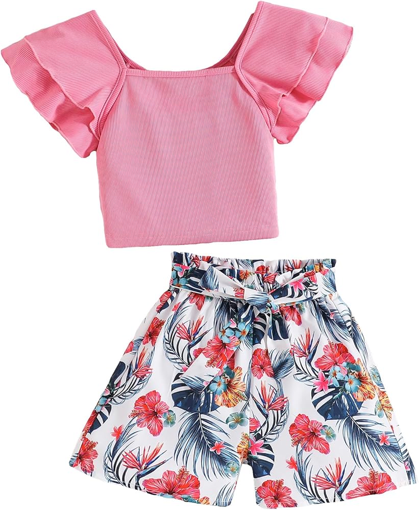 OYOANGLE Girl's 2 Piece Outfit Ruffle Trim Short Sleeve square neck Tee and Tropical Print Belted Shorts Set