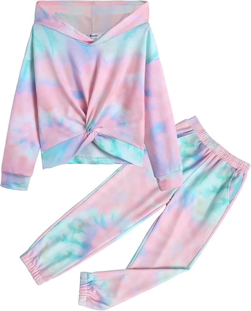 Hopeac 2 Piece Girls Tie Dye Clothes Set Cute Twist Front Tops Sweatshirts Hoodies Sweatpants Tracksuit Sweatsuits Outfits