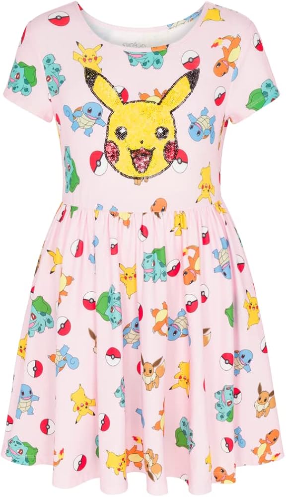 Pokemon Girl's Dress with Pikachu Sequins for Little and Big Girls 4-16