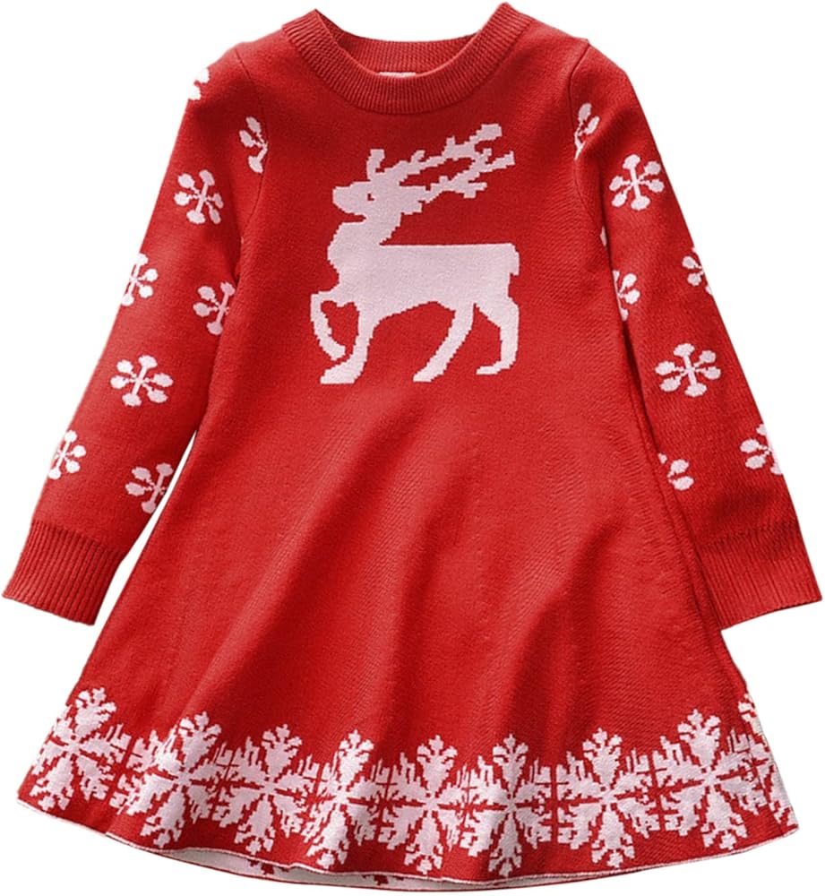 Toddler Girls Children Winter Christmas Long Sleeve Deer Snowflakes Sweater Dress Princess Dress Big Girl Sweater