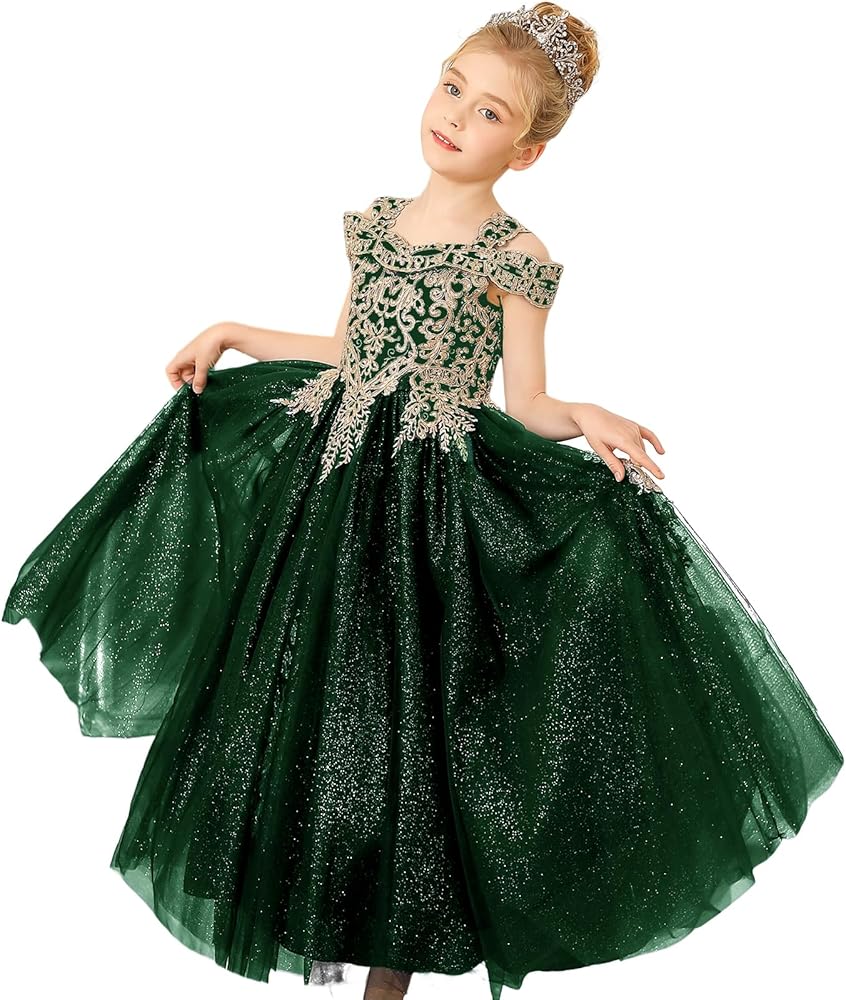 Formal Girls Tulle Long Pageant Dresses Prom Ball Gown Gold Lace Beaded