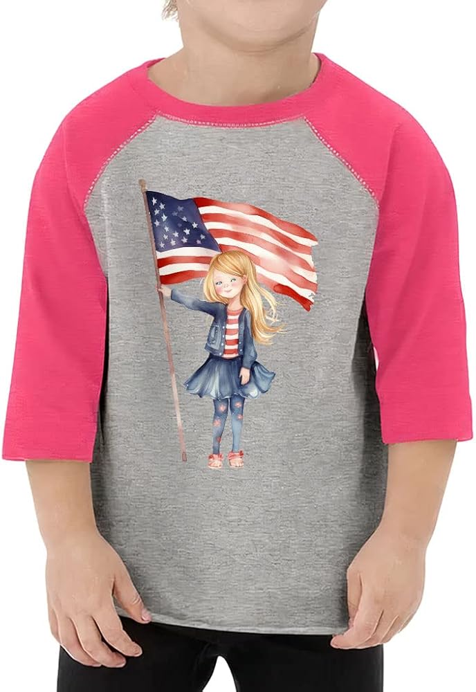 Cute Flag Toddler Baseball T-Shirt - Patriotic 3/4 Sleeve T-Shirt - Kawaii Kids' Baseball Tee