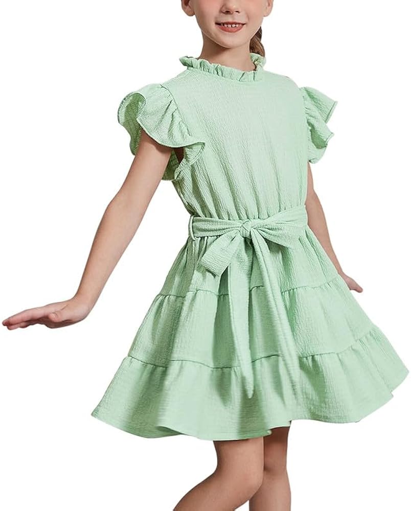 CHILDRENSTAR Girls Flutter Sleeve Dress Ruffle Tiered Formal Party Dresses Belted for Kids 3-13Y