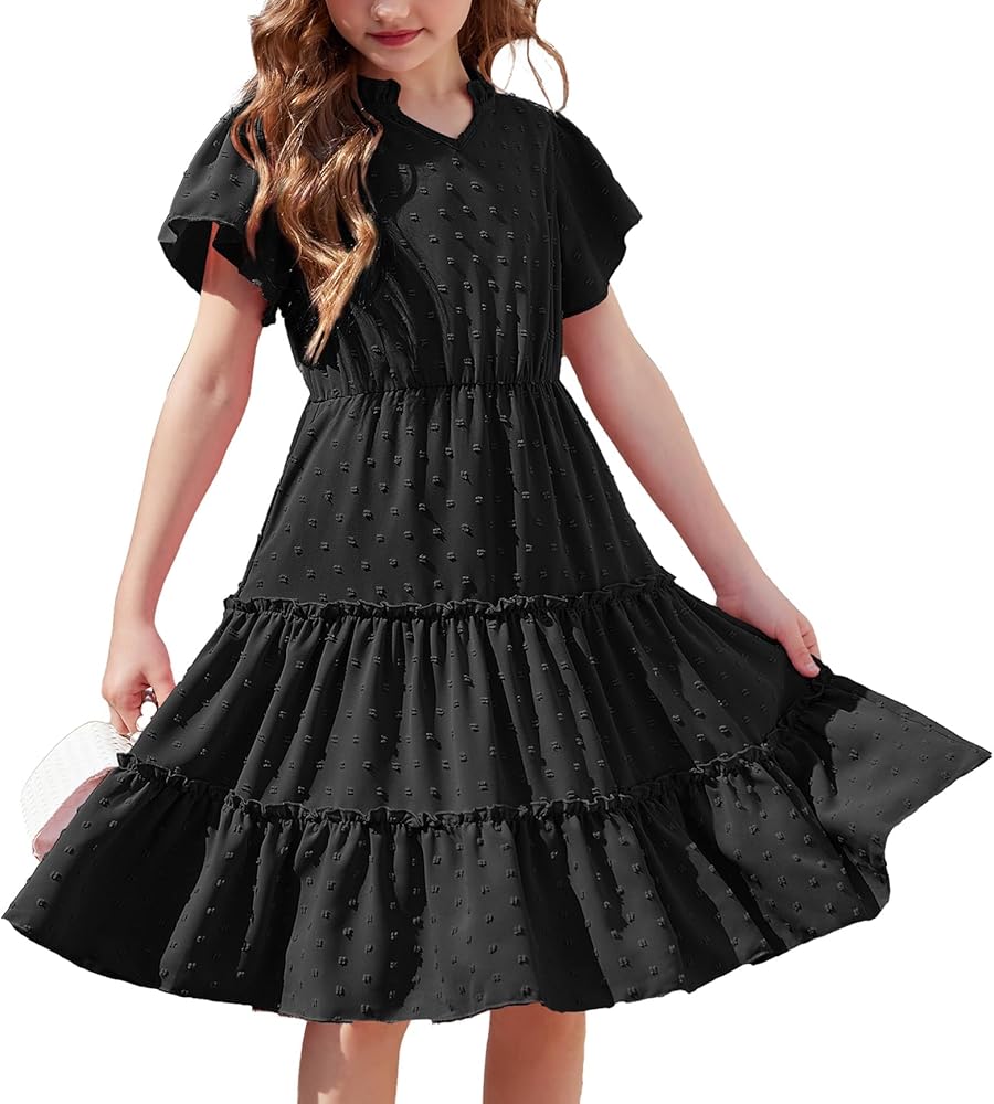 Arshiner Girls Dresses Summer Ruffle Sleeve Swiss Dot V Neck Twirl Birthday Party Midi Dress with Pockets