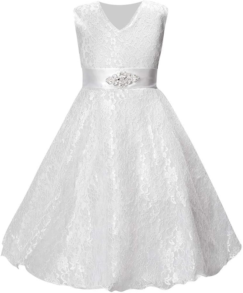 Quenny Summer Girls' lace Printed Dresses,Girls' Wedding Dresses with Diamond Belts.