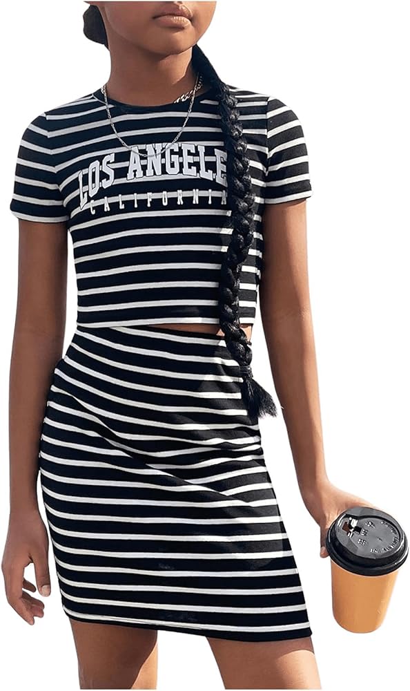 WDIRARA Girl's Two Piece Striped Letter Print Round Neck Short Sleeve Crop Tops and High Waist Skirts Clothing Set