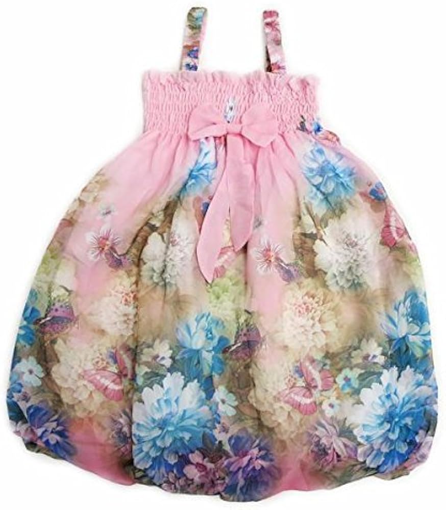 Light Pink & Blue Floral Bow-Accent Babydoll Dress - Girls L(4-6 Years)