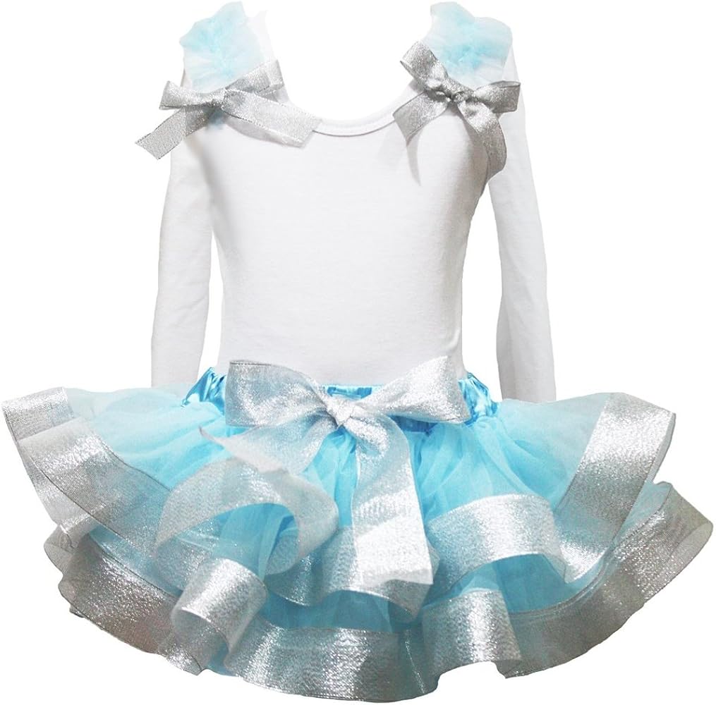 Petitebella Dress Plain White L/s Shirt Silver Light Blue Petal Skirt Nb-8y