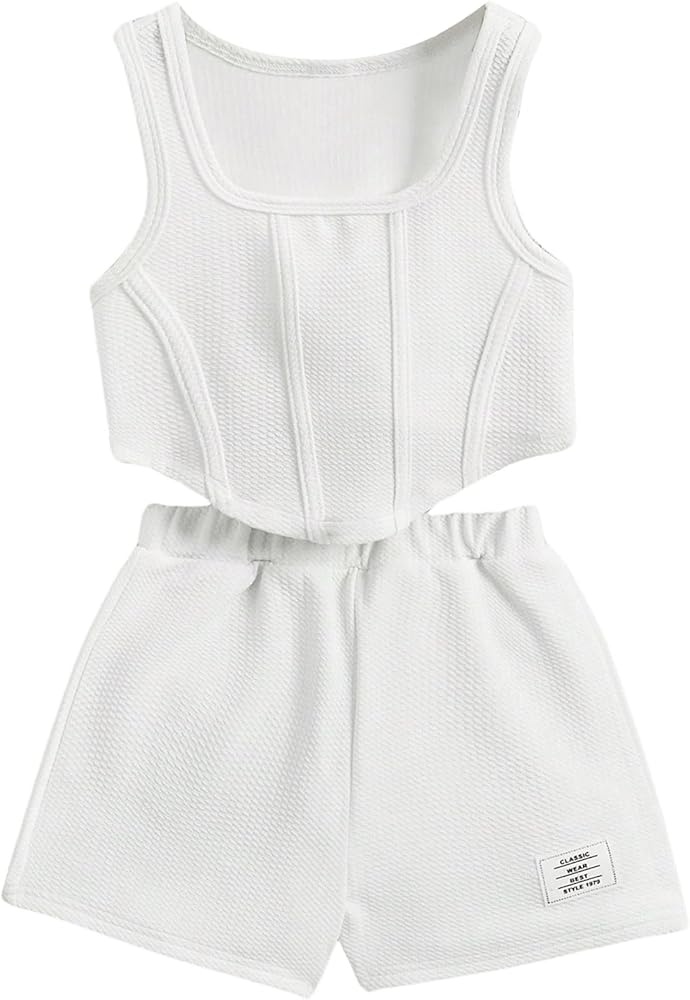 Verdusa Girl's Y2K 2 Piece Outfits Square Neck Tank Top and Letter Patched Shorts Set White 7Y