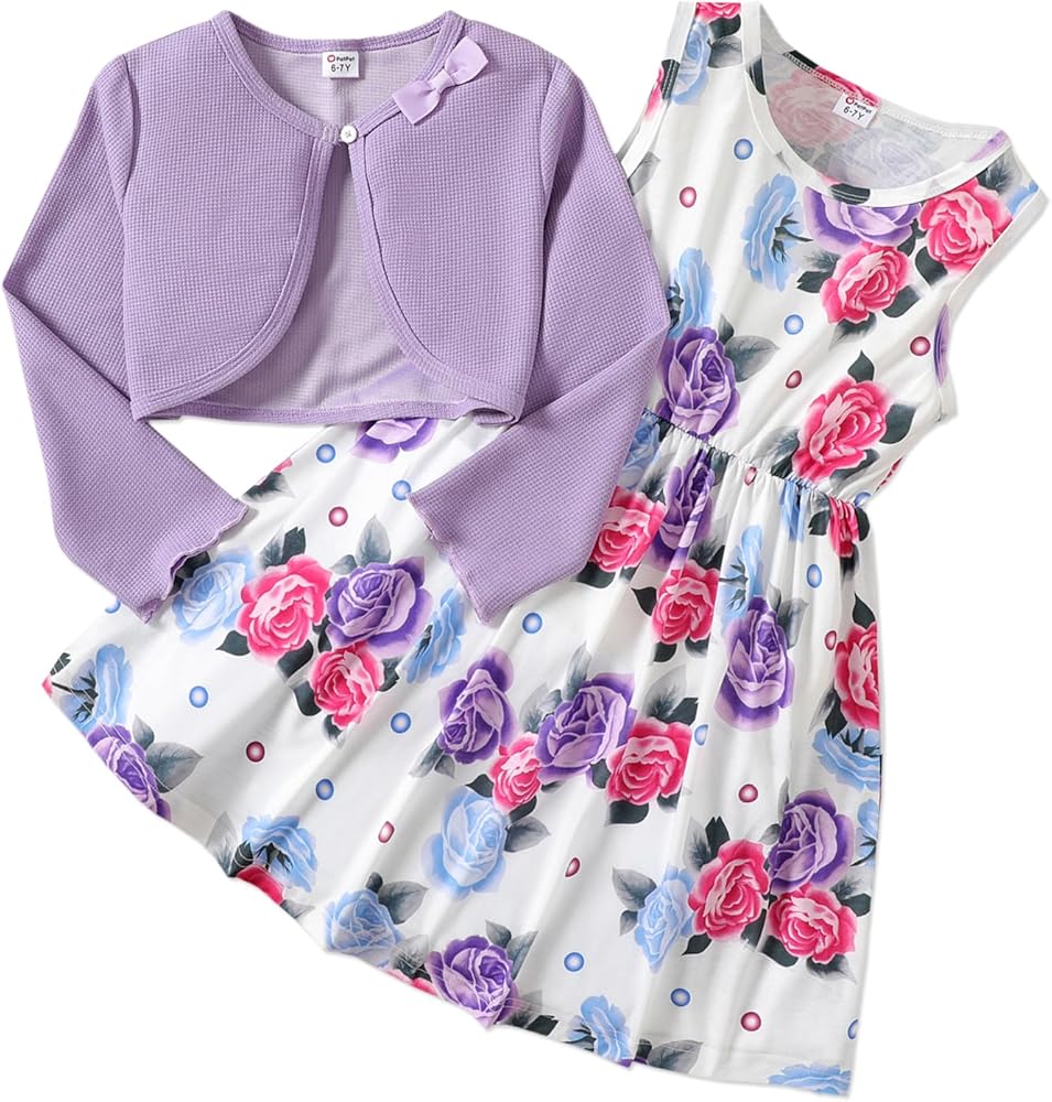 PATPAT Girl Dress and Cardigan 2 Piece Girl Floral Print Sleeveless Tank Dress and Short-Sleeve Ruffle Cardigan Set