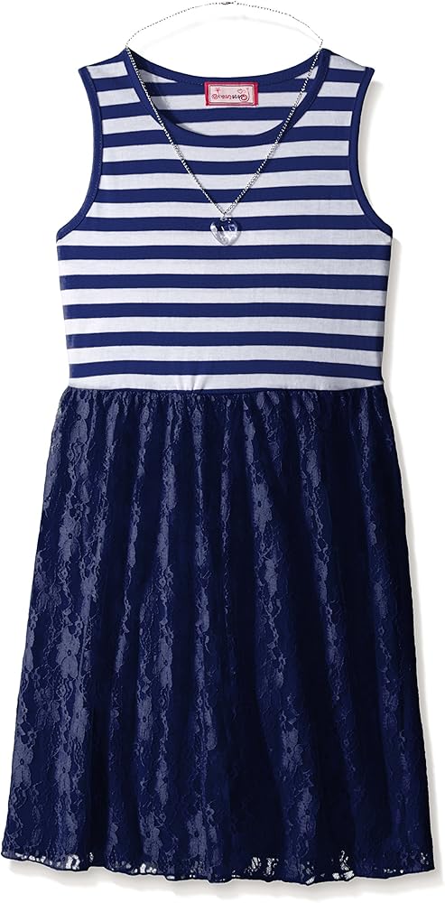 Dream Star Girls' Stripe Tank Dress with Lace Skirt and Necklace