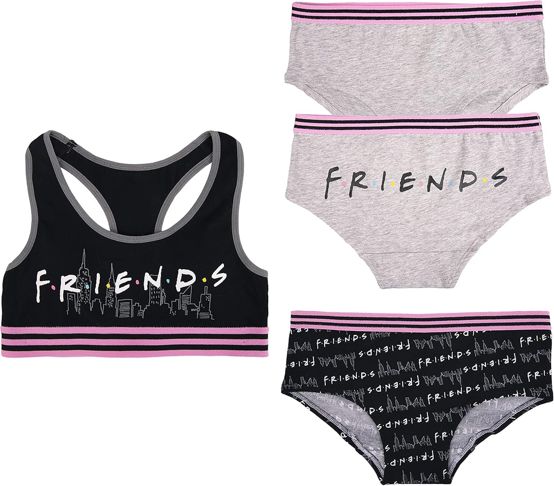 Warner Bros 'Friends' TV Show Girls' 3-Pack Underwear and Bra set in sizes 6, 8, 10, 12, 14, and 16