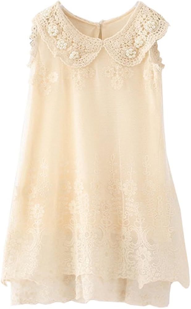 Feiying Girl's Dresses Cotton and Lace Embroidered Pearl Collar Kids Cute Apparel