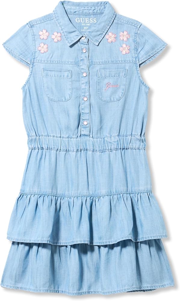 GUESS Girls' Short Sleeve Denim Ruffle Dress