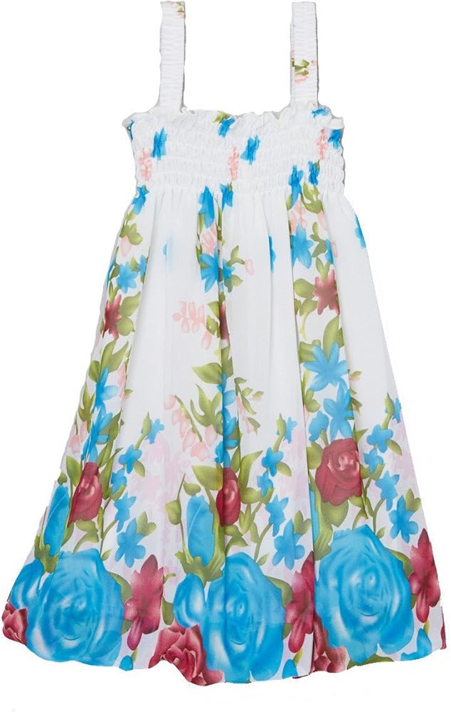 Girl's White & Blue Rose Shirred Dress