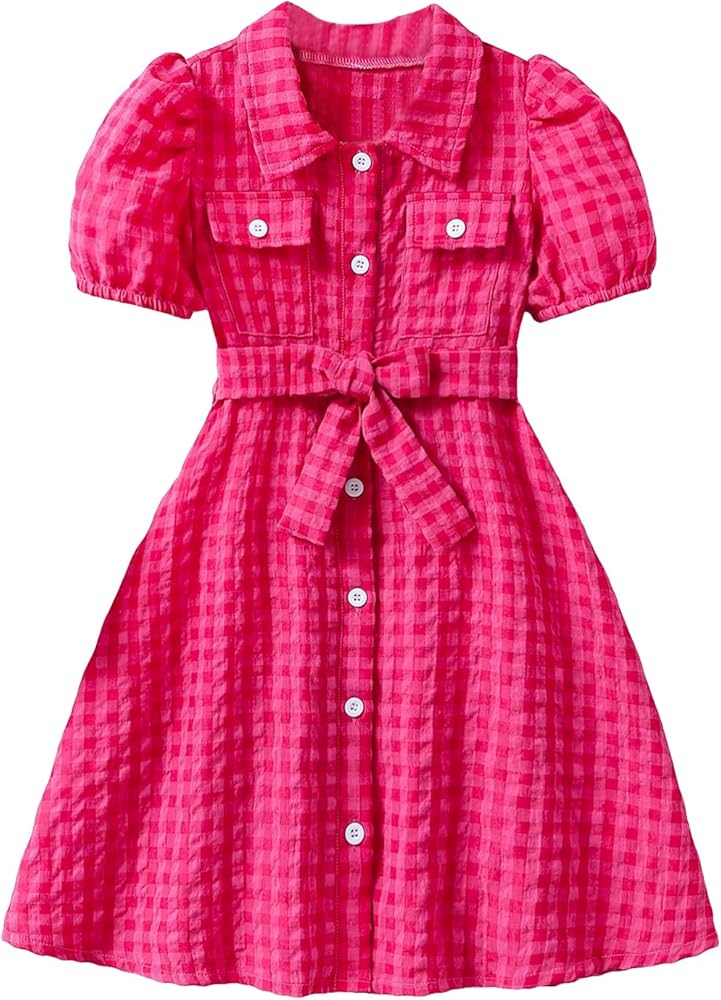 SweatyRocks Girl's Plaid Print Button Front Short Puff Sleeve Dress Pocket Belted Ruffle Mini Shirt Dress