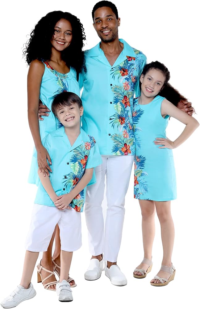 Matchable Family Hawaiian Luau Men Women Girl Boy Clothes in Orchid Paradise Turquoise