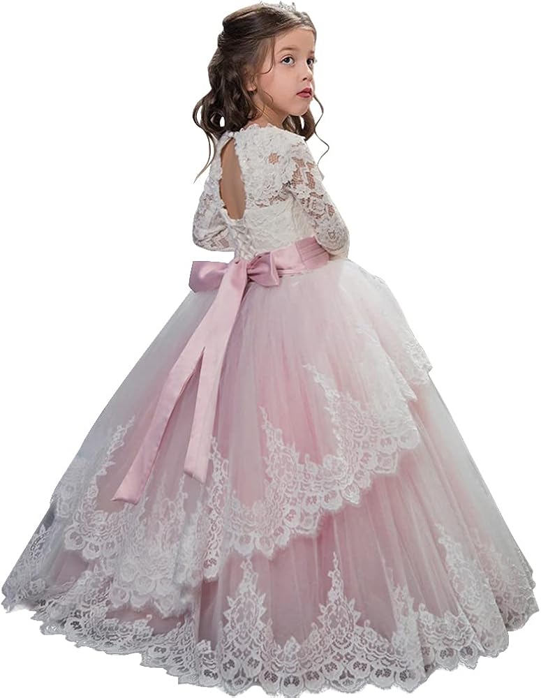 Pageant Flower Girls Dress Lace Long Sleeves Princess Tulle Ball Gown (Blush, 4)