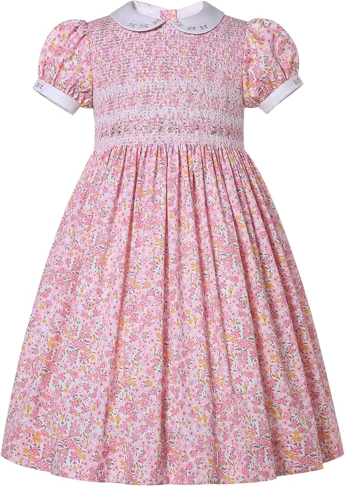 Girls Elegant Pink Floral Summer Casual Embroidery Smocked Dresses Toddler Teens Lovely Smock Clothing