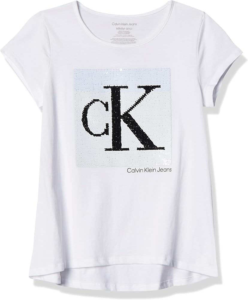 Calvin Klein Girls' Short Sleeve Cotton T-Shirt with Flip Sequin Design & Tagless Interior