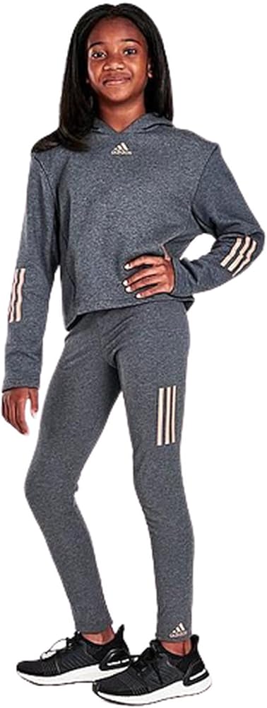 adidas Girls Crop Hoodie and Leggings Set (Large, Dark Grey Heather/Peach)