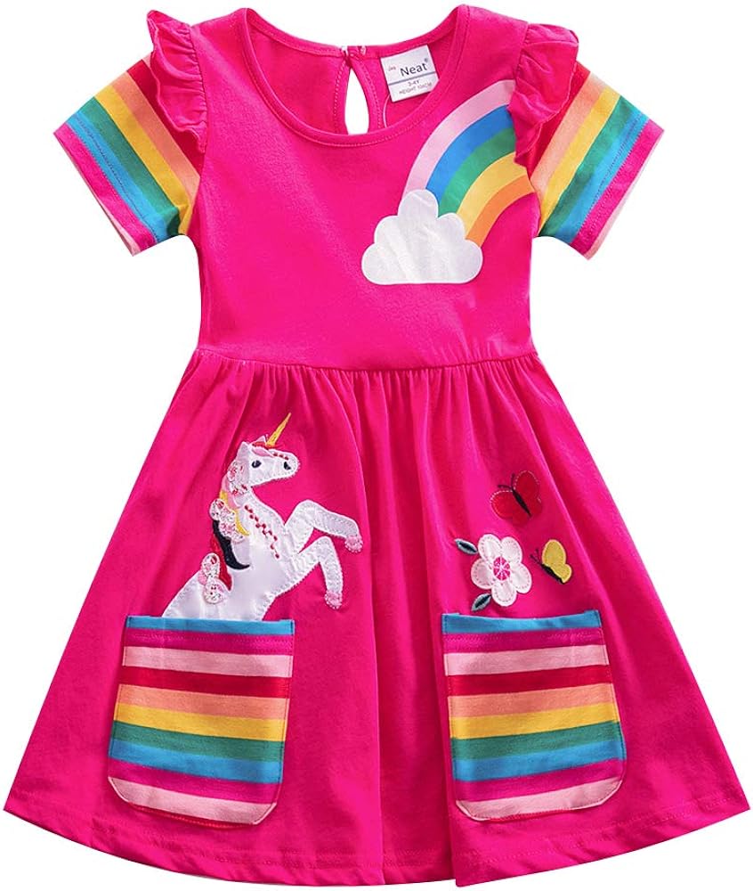 Toddler Cotton Girl Summer Short Sleeve Dress Rainbow Pony Cartoon for Girls 3-7 Years