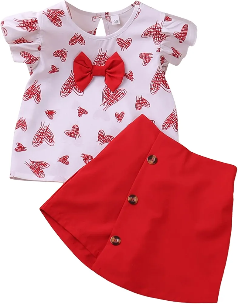 Summer Toddler Girls Short Sleeve Prints Tops Shorts Two Piece Outfits Set for Kids Clothes (Red, 2-3 Years)