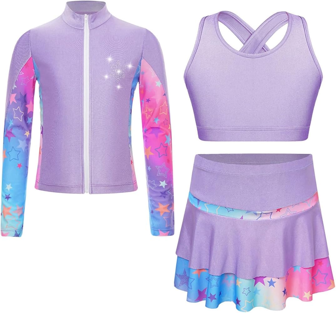 Girls Figure Skating Sports Outfits Long Sleeve Sweatshirt Tank Vest and Skirt with Built-in Shorts Set