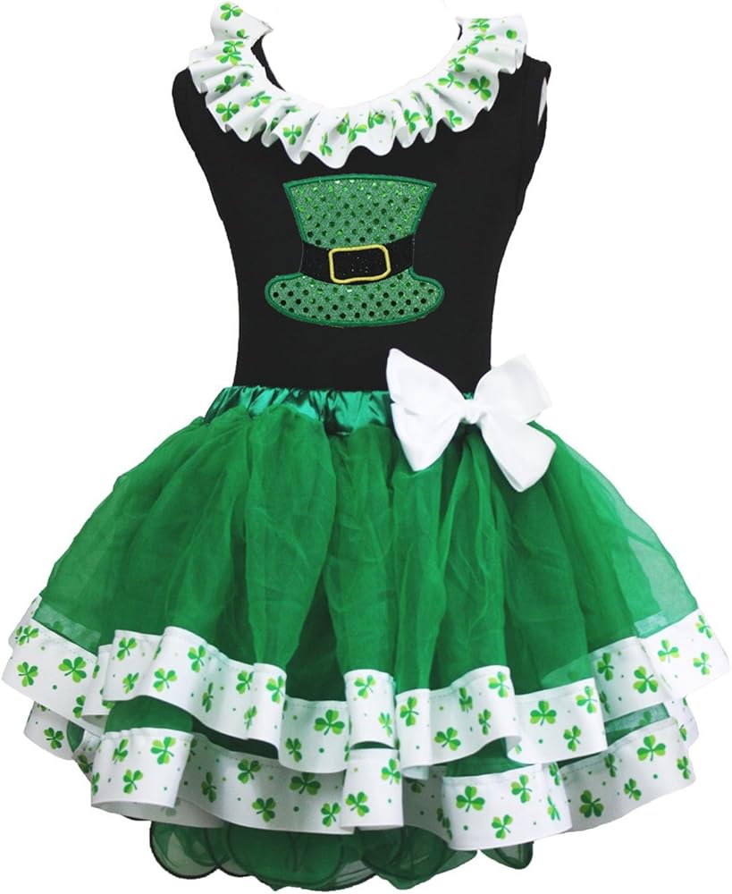 St Patricks Bling Hat Black Top Green Clover Satin Trim Petal Skirt Girl Nb-8y