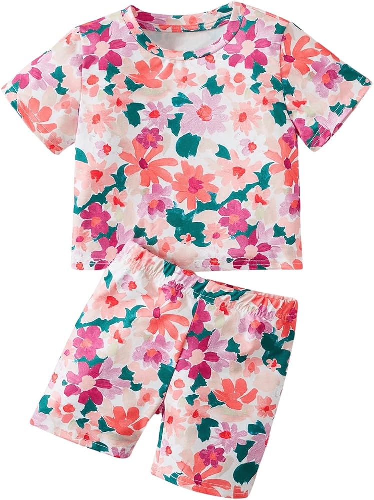 Milumia Toddler Girl's Floral 2 Piece Outfits Short Sleeve Tee and Shorts Vacation Sets