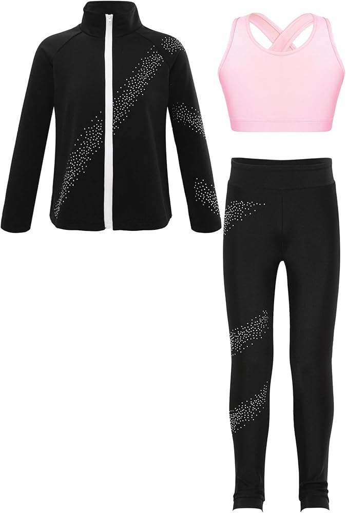 Kids Girls Rhinestones Figure Skating Jacket Sport Tracksuit Set with Leggings Crop Tops Training Wear