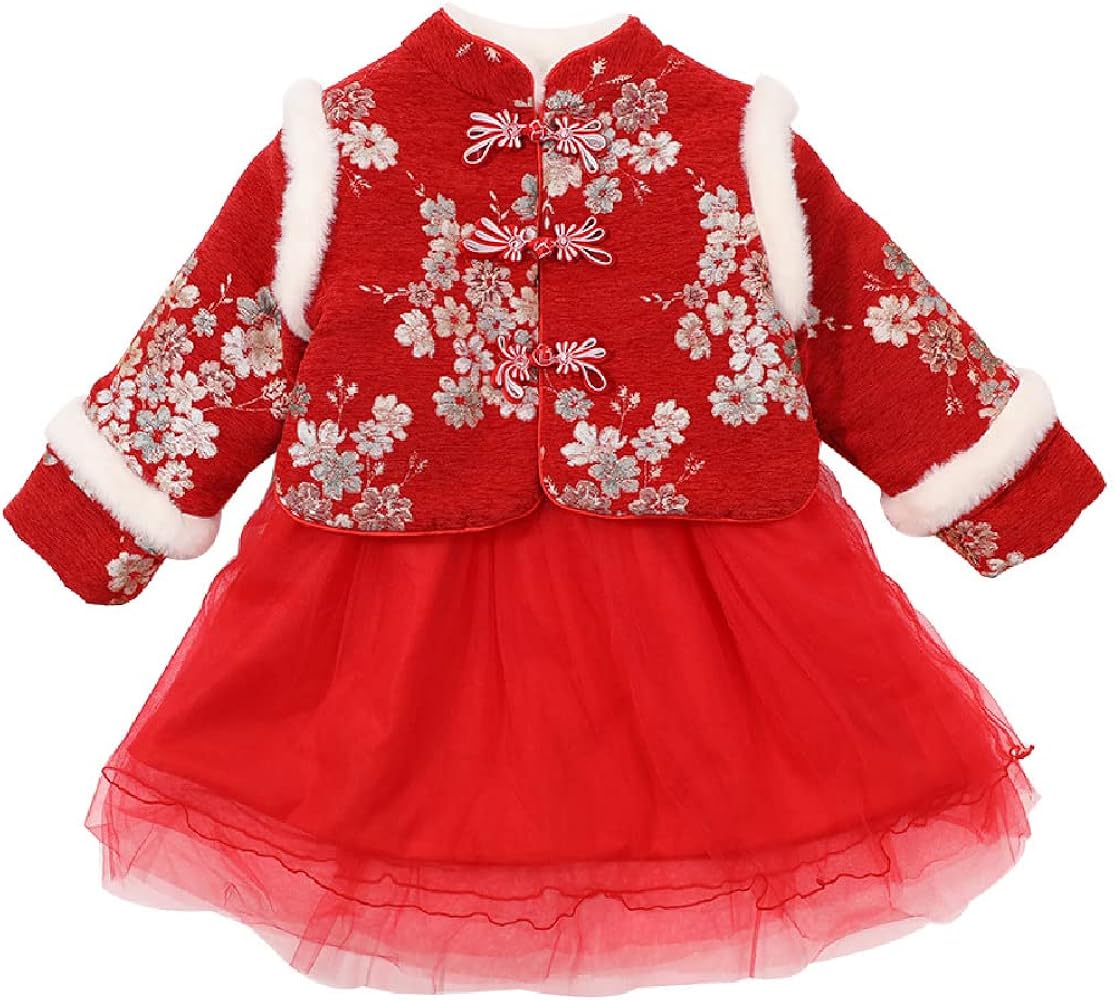 Quenny girls' winter Hanfu suit,chinese style mesh thickened New Year's clothing,children's casual Tang suit.