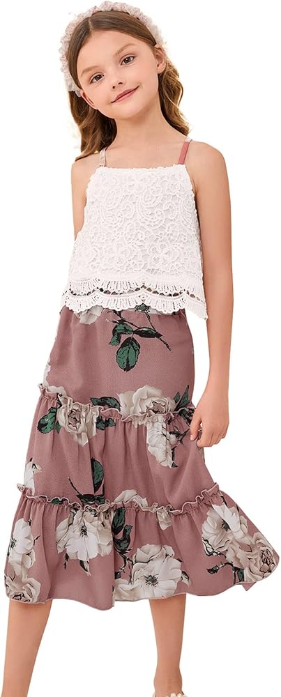 WDIRARA Girl's 2 Piece Set Contrast Lace Cami Top With Floral Print Frilled Skirt