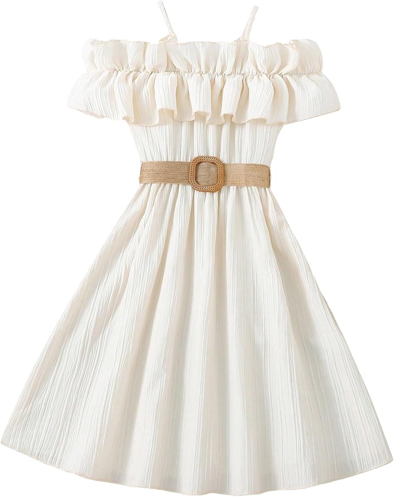 Floerns Girls Cold Shoulder Ruffle Trim Short Sleeve Belted A Line Midi Dress