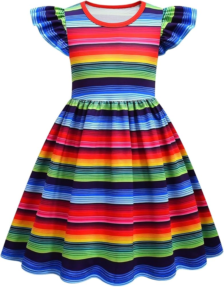 Kids Mexican Serape Poncho Style Flutter Sleeve Striped Dress Summer Casual Dress Party Dress Up Children Outfits