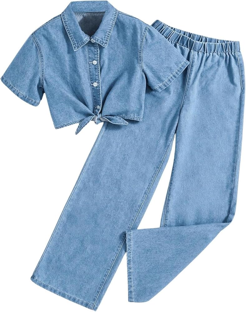 OYOANGLE Girl's 2 Piece Outfits Denim Knotted Short Sleeve Button Down Crop Shirt and Elastic Waist Pants Set