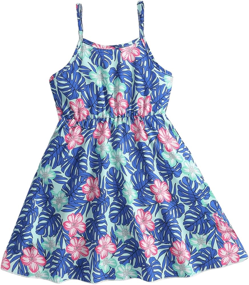 Girl's Tropical Print Cami Dress Sleeveless Backless Square Neck A Line Short Dresses