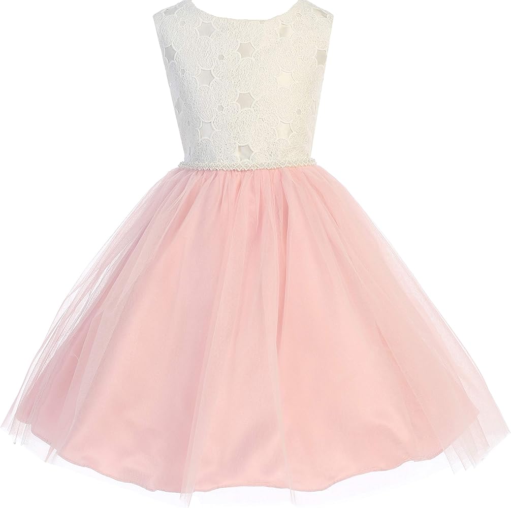 Little Girls Classy Lady Lace Top Pearl Waist Flowers Girls Dresses