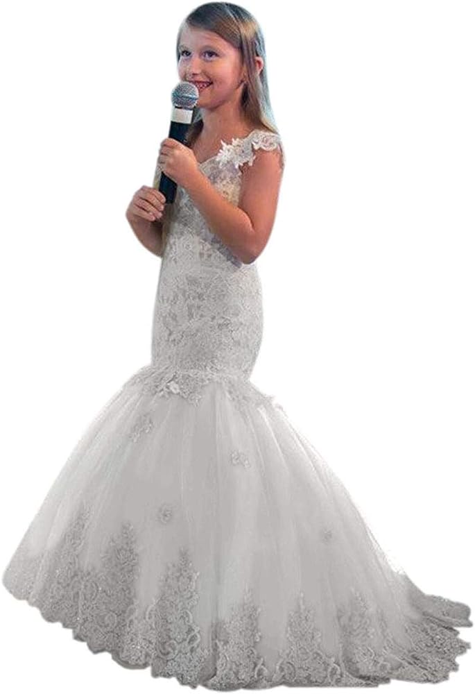 Lace Mermaid Flower Girl Dresses Off Shoulder Kids Pageant Party Dress