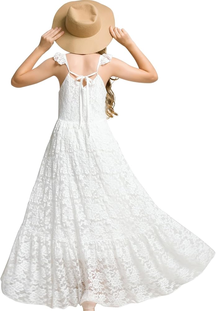 BIBIHOU Girls Kids Lace Back Tie Ruffle Sleeve Backless Party Holiday Formal Flower Girl Dress