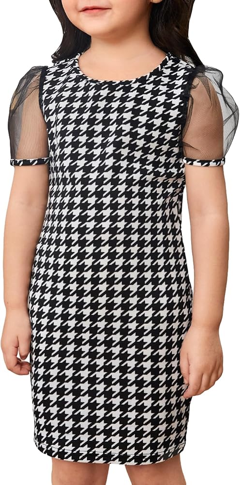 OYOANGLE Girl's Short Puff Sleeve Print Round Neck Dress Contrast Mesh Bodycon Knee Length Dresses