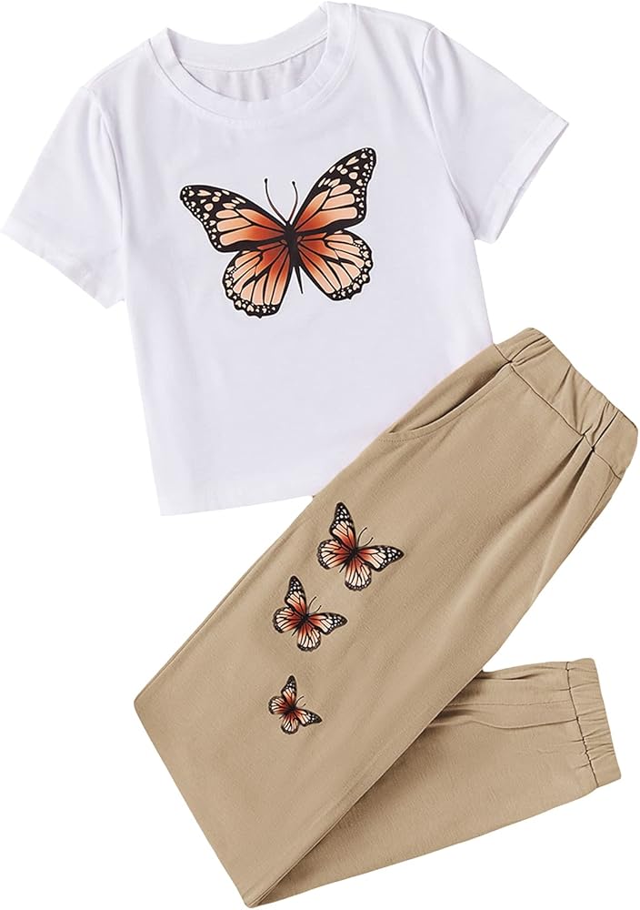 OYOANGLE Girl's 2 Piece Outfits Short Sleeve Butterfly Tee and Sweatpants Set