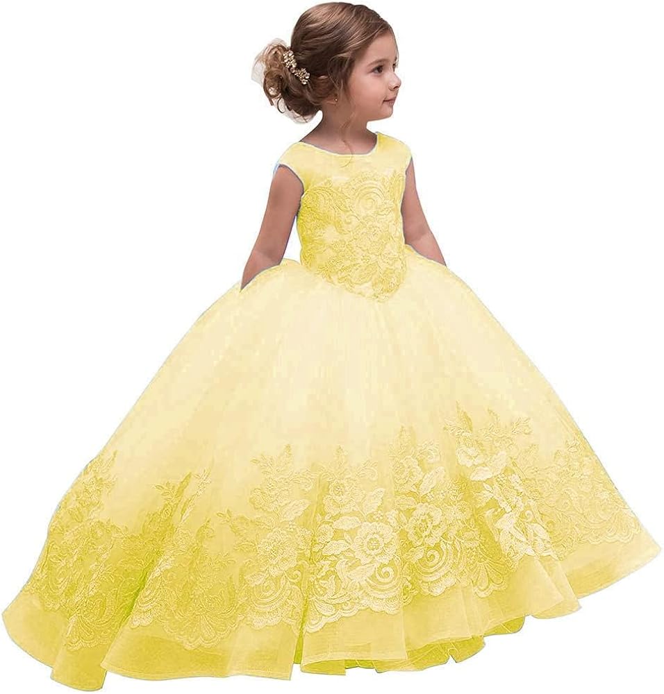 Lace Flower Girl Dress Floral Appliques Princess Pageant Dresses Tulle Bowknot Prom Ball Gowns for Girls