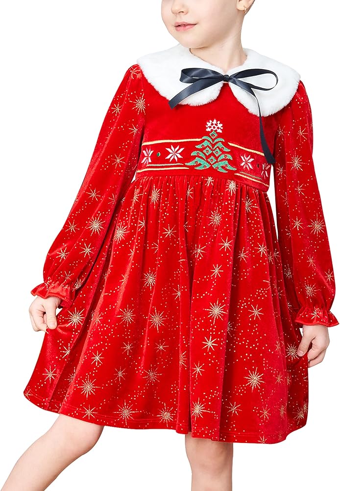 Sunny Fashion Girls Dress Christmas Red Velvet Embroidery Long Sleeve Removable Collar 4-5