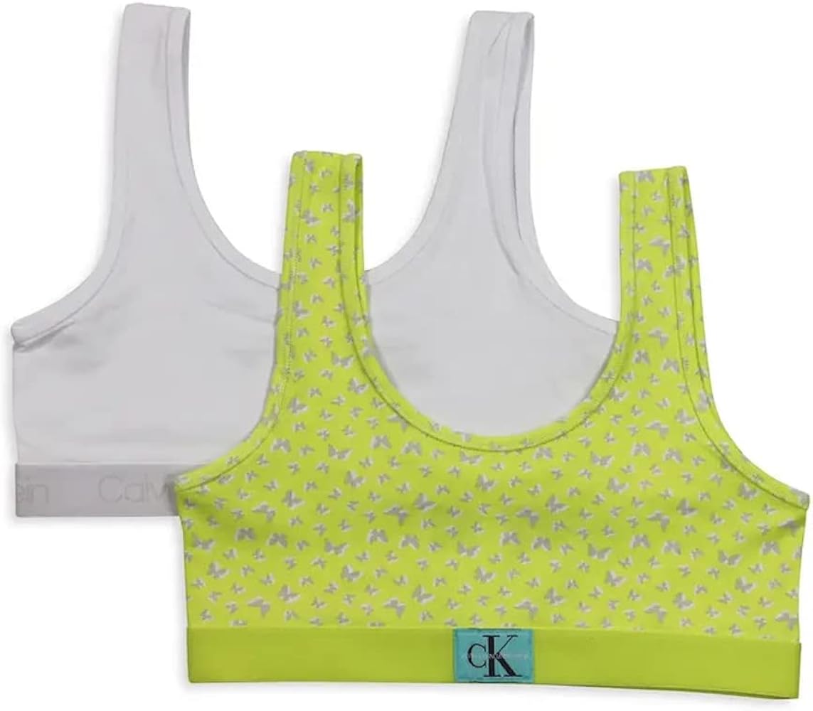 Calvin Klein Little Girls' Kids Monogram Bralettes Bra - Pack of 2 (Size: M (7-8), Butterfly TOSS/White)